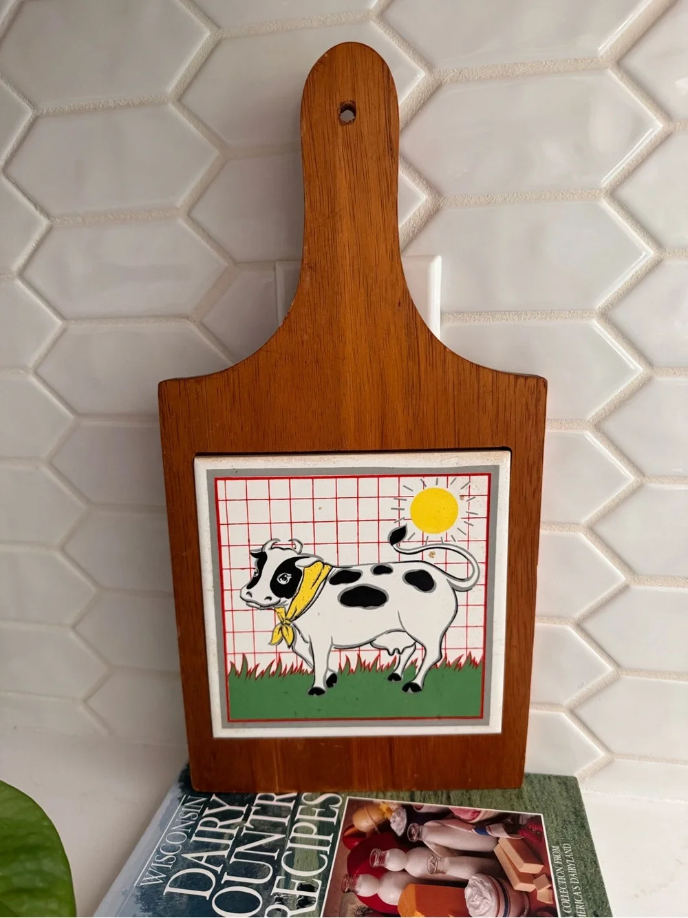 Vintage Cow Tile Wall Plaque in Brown and White